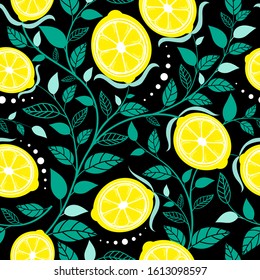 Seamless pattern lemon. Slices of citrus and leaf on black background. Vector illustration.