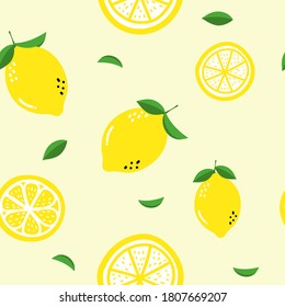 Seamless pattern lemon. Slices of citrus and leaves on yellow pastel background. Vector illustration.