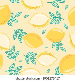 Seamless pattern lemon. Slices of citrus and leaf on white background. Vector illustration.