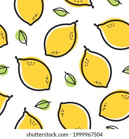 Seamless pattern lemon. Slices of citrus and leaf on white background. Vector illustration.