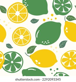 Limón patrón sin foco. Trozos de cítricos y hojas sobre fondo blanco. Ilustración vectorial.