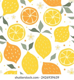 Seamless pattern lemon. Slices of citrus and leaf on color background. Vector illustration.