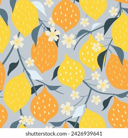 Seamless pattern lemon. Slices of citrus and leaf on color background. Vector illustration.