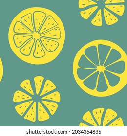 Seamless pattern with lemon slices. Colorful paper cut fruit collection isolated on blue background. Doodle hand drawn vector illustration.