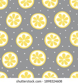 Seamless Pattern With Lemon Slices And Dots. Trendy Colors Of 2021 - Illuminating Yellow And Ultimate Grey. Perfect For Spring And Summer Holidays, Gift Paper, Fabric