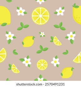 seamless pattern of lemon slices and lemon flowers with leaves