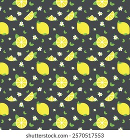 seamless pattern of lemon slices and lemon flowers with leaves on a dark background