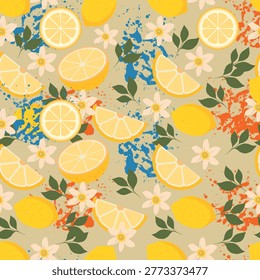 Seamless pattern with lemon slices flowers and leaves on light background fresh summer citrus design
