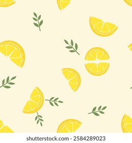 Seamless pattern with lemon slices and green branches on yellow background vector.