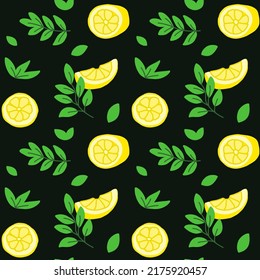 Seamless pattern with lemon slices and halves, leaves and twigs of plants