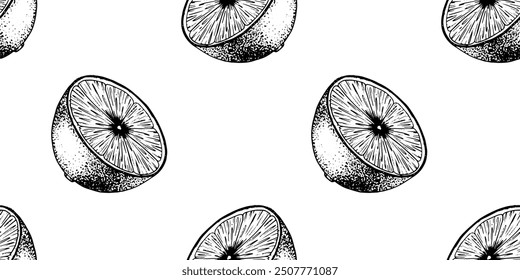 Seamless pattern of Lemon Slices. Hand drawn Sketch vector illustration of Lemon pulp. Black ink