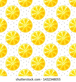 Seamless pattern with lemon slices and hand-drawn dots. Modern vector background with citrus fruit.
