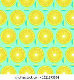 Seamless pattern with lemon slices and leaves on mint background. Surface pattern.It be perfect for fabric, wrapping,packaging, digital paper and more.