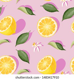 Seamless pattern with lemon slices and leaves