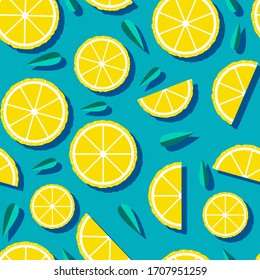 Seamless pattern with lemon slices and leaves on water surface. Summer fruit background. Vector illustration.