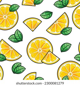 seamless pattern of lemon slices with leaves