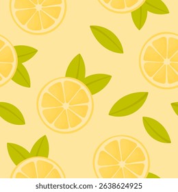 Seamless pattern of lemon slices with leaves on a yellow background. Lemon slices with mint leaves. Lemonade pattern