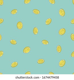 Seamless pattern with lemon slices on green background. Vector illustration