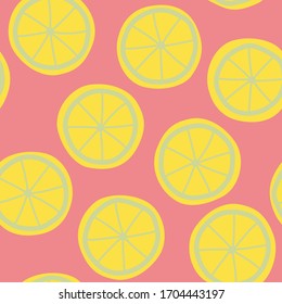 Seamless pattern of lemon slices on a pink background. Vector illustration of abstract lemon.
