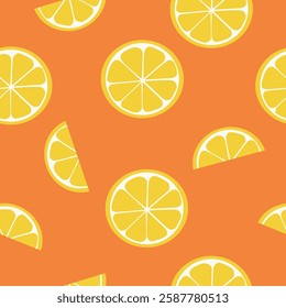 Seamless pattern of lemon slices on orange background. Citrus fruit pattern. Vector illustration cartoon flat style.