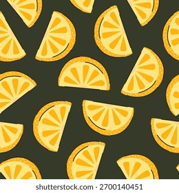 Seamless pattern with lemon slices on dark background, fresh citrus fruit illustration,