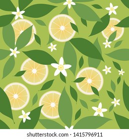 Seamless pattern of lemon slices and orange blossom flowers