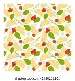 Seamless pattern of lemon slices and sweet strawberries with ice cubes and mint leaves. Isolated on white background. Summer time. Pattern for fabric, paper, textiles and much more. Vector