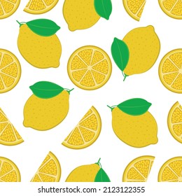 Seamless pattern of lemon slices and a whole lemon on a white background.