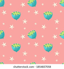 Seamless pattern with lemon and stars on a light pink background. Unusual lemon in the cut. Vector illustration. The pattern for the tablecloth or napkins.