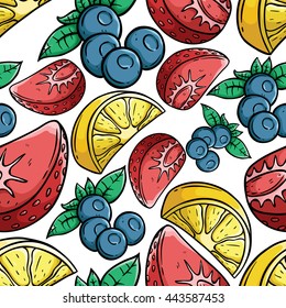 Seamless pattern of lemon, strawberry and blueberry fruit