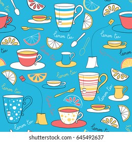 Seamless pattern with lemon tea. Cups on saucers, lemon slices, tea bags and spoons on a blue background. Objects and text are hand-drawn.