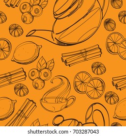 Seamless pattern with lemon, tea and spices for design of packaging and textiles.