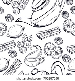 Seamless pattern with lemon, tea and spices for design of packaging and textiles.