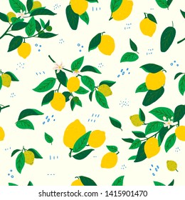 Seamless pattern with lemon tree branches. Sunny wallpaper with flat style citrus fruits, flowers and leaves. Juicy summer mood repeating objects with doodles for print, fabric, textile, decor. Vector