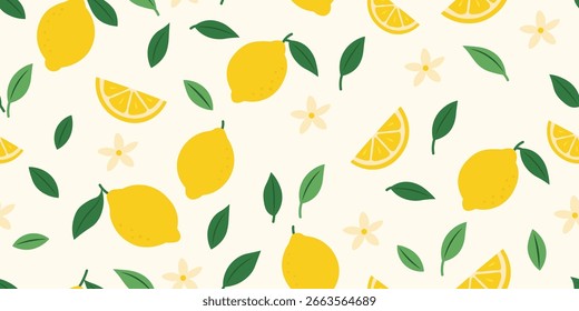 Seamless pattern with Lemon. Trendy summer background with hand drawn Lemon, flowers and leaves. Modern abstract design for paper, cover, fabric