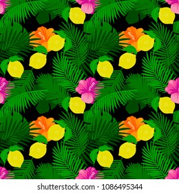 Seamless pattern of lemon with tropical leaves, hibiscus flowers.  jungle leaves on a dark color  background. 