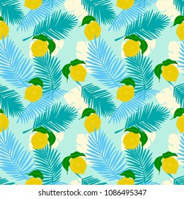 Seamless pattern of lemon with tropical leaves, flowers.  jungle leaves on a soft blue background.  