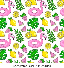 Seamless pattern with lemon, tropical leaves, flamingo, watermelon and strawberry. Bright summer background. Vector illustration.