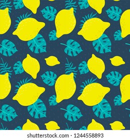 Seamless pattern with lemon and tropical leaves. Vector bright print for fabric or wallpaper.