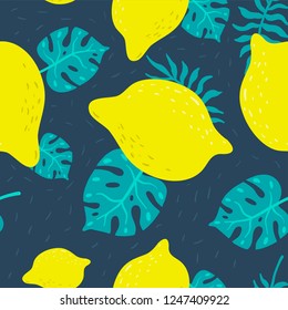 Seamless pattern with lemon and tropical leaves. Vector bright print for fabric or wallpaper.