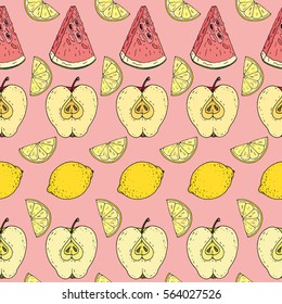 seamless pattern. lemon. watermelon. apple. pink background.