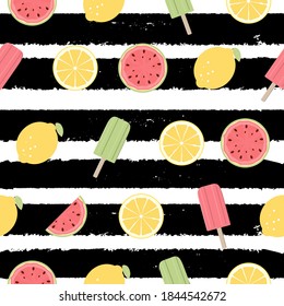 Nahtlose Muster mit Zitronen, Wassermelonen Früchte und Eis Creme. Vektorgrafik EPS10