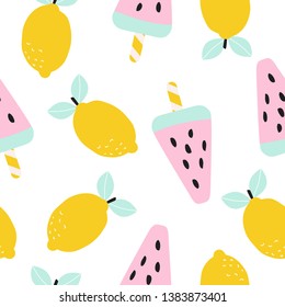 Seamless pattern with lemon and watermelon ice cream. Vector illustration for printing on postcards, clothes, posters, banners, labels, stickers, fabric, packaging paper. Cute baby background.