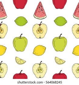 seamless pattern. lemon. watermelon. lime. apple. white background.