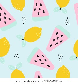 Seamless pattern with lemon and watermelon.  Vector illustration for printing on postcards, clothes, posters, banners, labels, stickers, fabric, packaging paper. Cute baby background