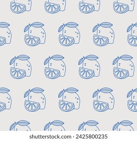 Seamless pattern of lemon with lemon wedge. Line art, retro. Plants and herbs for cosmetics.