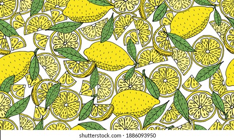 Seamless pattern. Lemon whole and slices, leaves of lemon tree, hand drawing. Vector illustration.