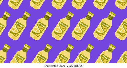 Padrão sem emenda com garrafas de limonada. Garrafas de limonada amarela com rótulo em repetição padrão de vetor sem emenda em fundo roxo vibrante.