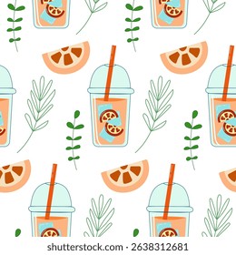 Seamless pattern with lemonade and green leafs. Drink with grapefruit.