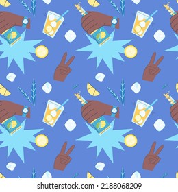 Seamless pattern lemonade. Illustration of hands holding a bottle of lemonade, victoria sign, glasses with lemonade, lemons, ice. Image for banner, website, packaging.